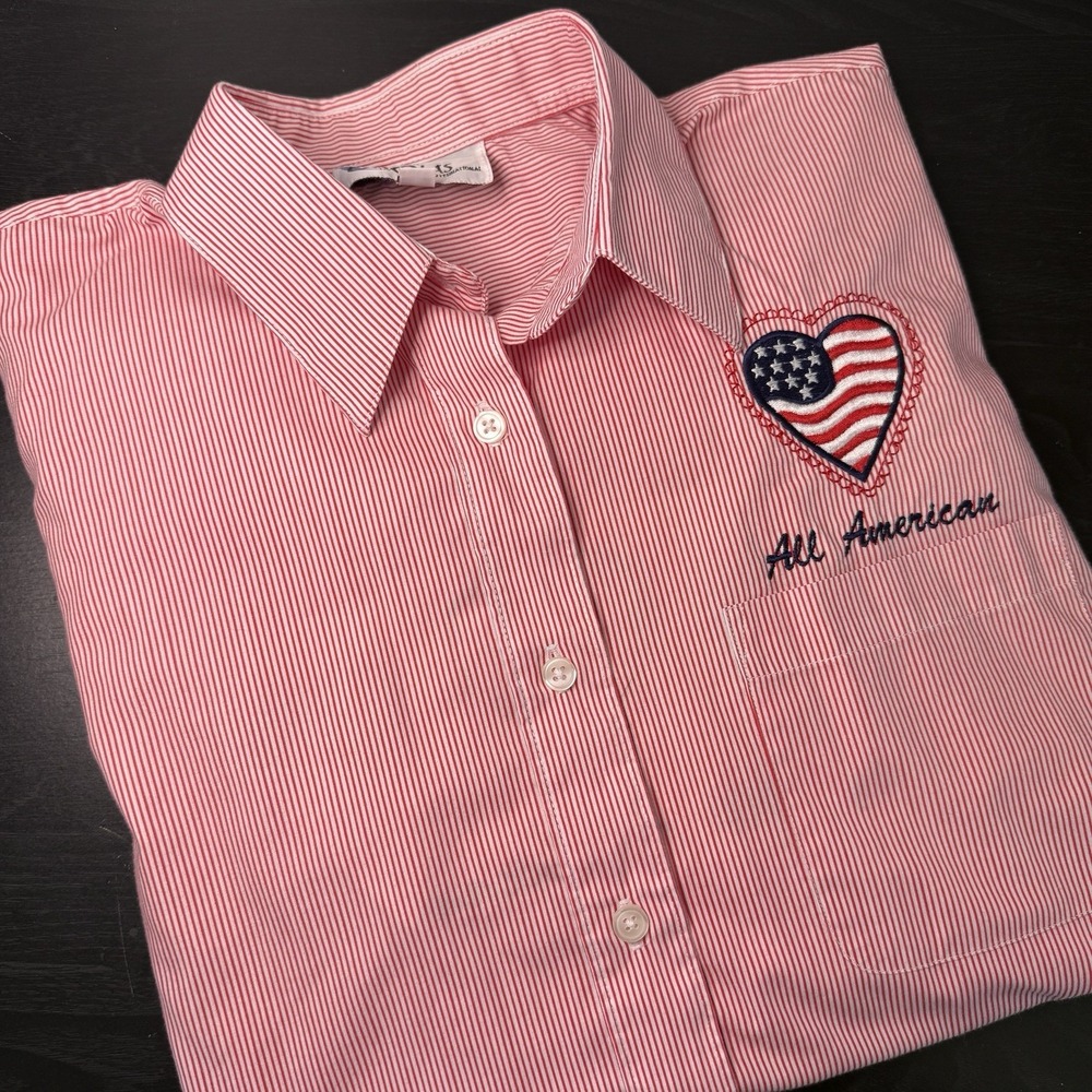 VTG 90s Las Olas Womens‎ S All American Flag Button Striped Shirt Embroidered